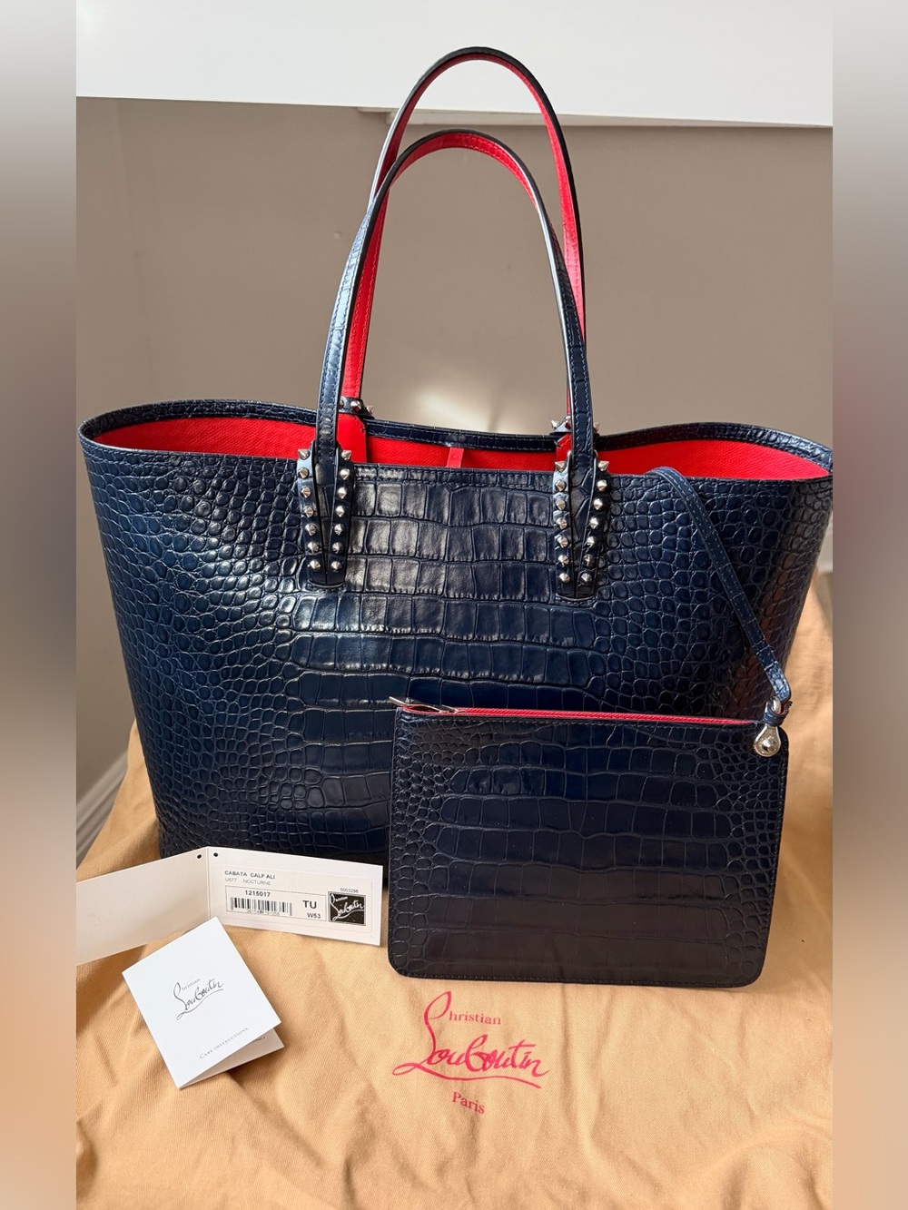 Christian Louboutin Navy Croc-Embossed Tote with Red Interior Trim